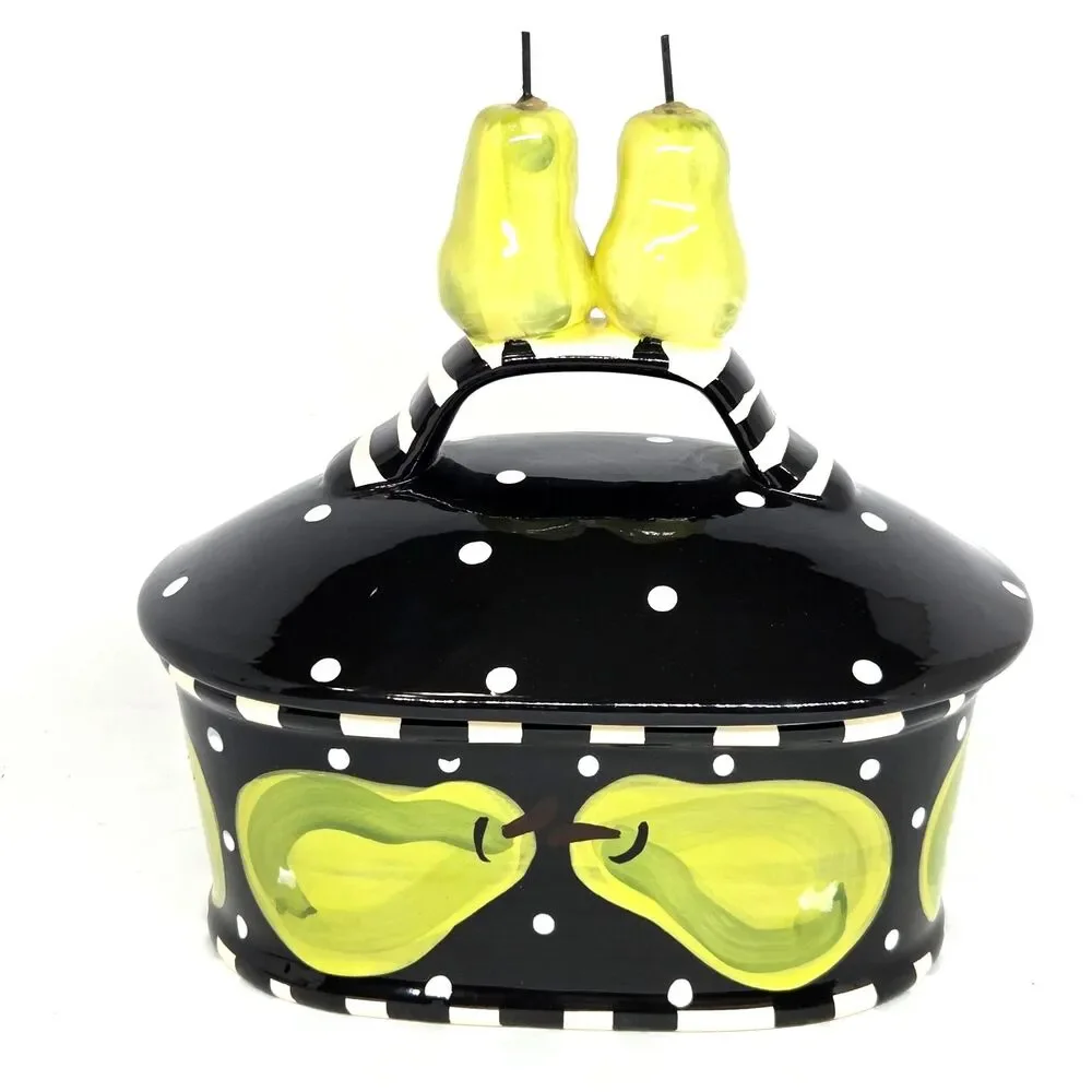 Lynn Morris Studio Pottery Black White Polka Dots Green Pear Covered Dish VGC
